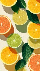 Obraz premium Vibrant citrus slices and deep green leaves create a fresh summer fruit background pattern
