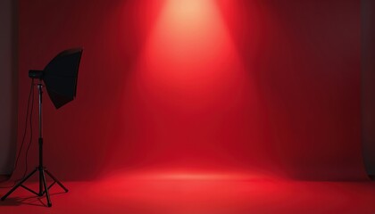 Photo studio setup with softbox light on tripod against plain red backdrop. Seamless background for portraiture, product shots, or video production. Light creates soft glow on floor.