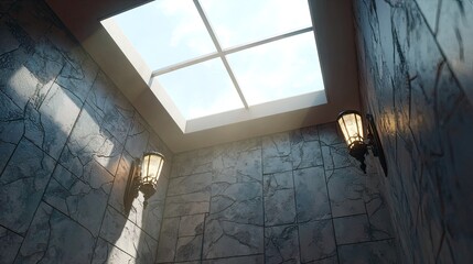 Stone walls illuminated by lamps and a skylight with sky view.