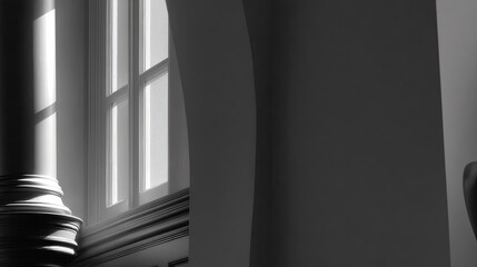 Sunlight streams through a window onto a classical column inside.