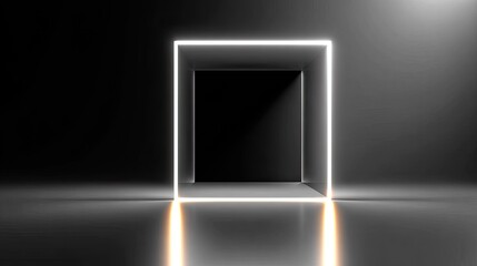 A glowing square portal emerges from darkness onto a reflective surface.