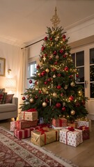 A living room a christmas tree decorated red and gold ornaments.