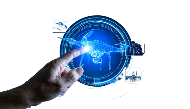 Human hand interacting with a digital drone hologram within a glowing futuristic interface - Powered by Adobe