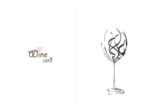 Elegant abstract wine glass vector sketch with swirling lines and calligraphy text for restaurant menu card, luxury winery tasting invitation design, artistic alcoholic beverage illustration.