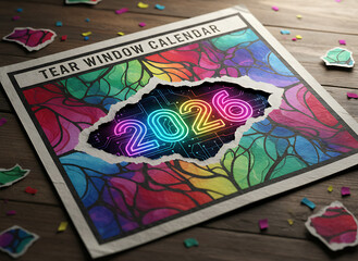 2026 New Year Calendar Neon Digital Design with Torn Paper Effect