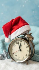 A vintage alarm clock a red Santa hat on top. The background is a soft blue. creating a