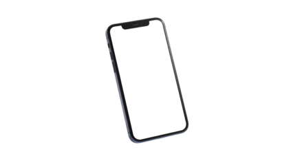 Angled, modern smartphone with a dark screen, floating against a solid black background