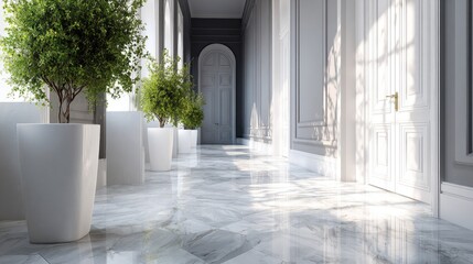 Sunlight streams into a bright, luxurious hallway with potted plants.
