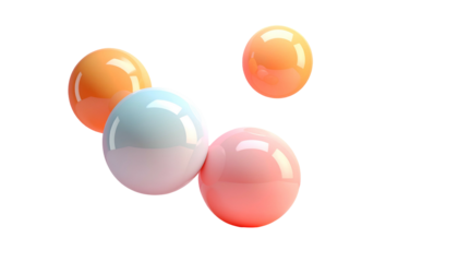 Floating, glossy spheres in varied pastel hues against a stark black background