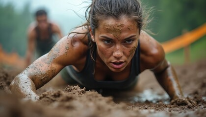 Woman crawls through mud during extreme obstacle race. Her determined face and dirty body show focus and strength during challenging competition and tough physical activity.