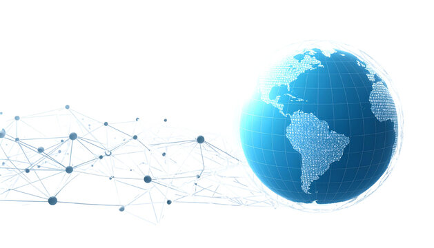 A digital Earth globe connected to a web-like network against a black background - Powered by Adobe