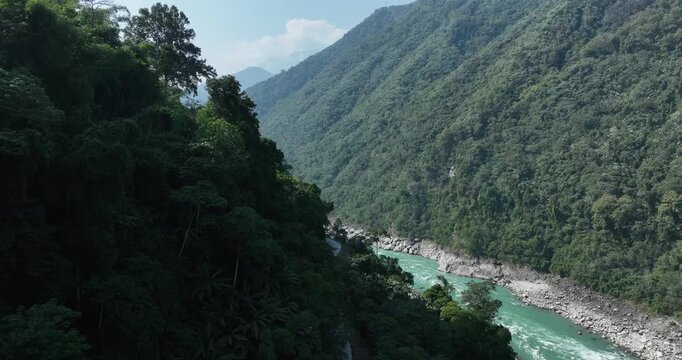 Aerial footage of beautiful tropical forest mountain and Yalu Zangbu River valley area, Tibet,China