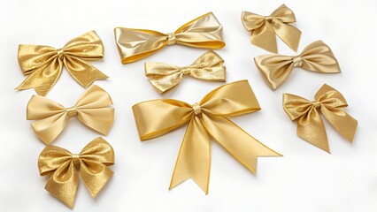 Assortment of golden bows isolated on transparent background for gift decoration