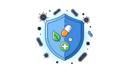 Fototapeta premium Flat illustration of a blue shield with a pill, leaf and medical cross surrounded by germs on a white background.