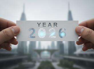 Future Vision 2026: Hands with Digital Date Card, Modern City