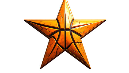 A golden five-pointed star with a basketball core and crackled surface, set against black