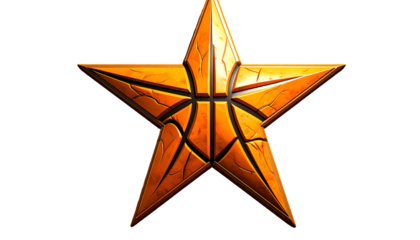 A golden five-pointed star with a basketball core and crackled surface, set against black