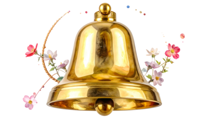A shiny gold bell adorned with delicate floral sprigs, against a transparent backdrop
