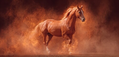 Majestic Gallop: A powerful horse gallops with untamed grace and energy, a vision of freedom and beauty amid a cloud of fiery particles, embodying the spirit of the wild.