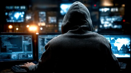 Dark Room Cybersecurity Threat with Hacker in Hoodie at Computer