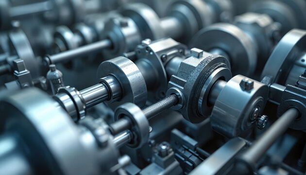 Complex machine parts are seen with rotating shafts and gears. Industrial equipment utilizes fluid power for motion and precise control in manufacturing settings.