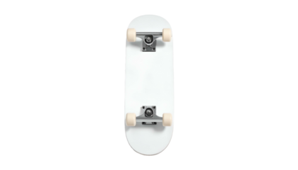 A white skateboard rests centered, top-down on a black background, wheels visible