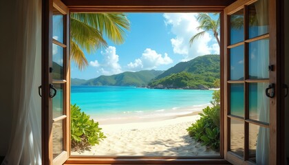 View from open window onto tropical beach and blue ocean. Green hills rise from sandy shore. Bright sun shines on idyllic seaside scenery with clear sky.