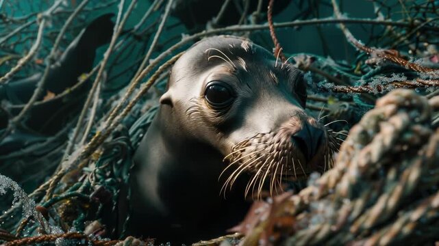 Video A close-up shot of a seal entangled in a fishing net, with potential uses in wildlife conservation or marine life ry