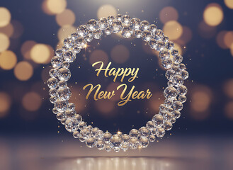 Happy New Year Golden Text in Diamond Wreath with Bokeh Lights