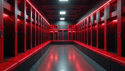 Modern locker room with black storage cubbies and red padded seating. Sleek design with ambient red LED strip lighting illuminating the space and floor.