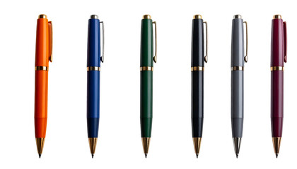 Fototapeta premium Six elegant, colorful fountain pens with gold accents against a stark black background