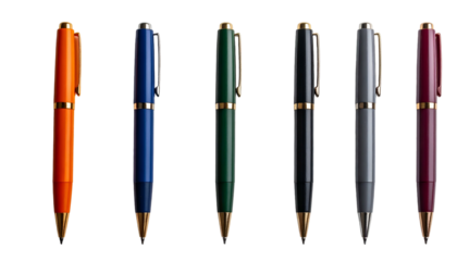Six elegant, colorful fountain pens with gold accents against a stark black background