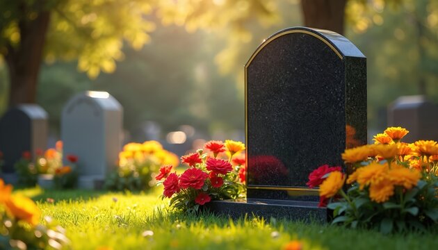 Dark granite headstone stands amidst colorful flowers and green grass in sunlit cemetery. Other gravestones are visible in background, creating peaceful scene of remembrance and respect for departed.