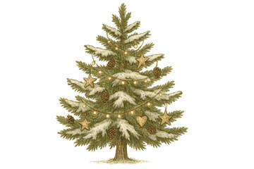 Christmas tree illustration with snow, vintage ornaments, pine cones, and string lights on a transparent background