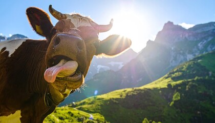 Close-up of a Funny Cow Sticking its Tongue Out on a Sunny Mountain Pasture with Bright Sun and Lens Flare