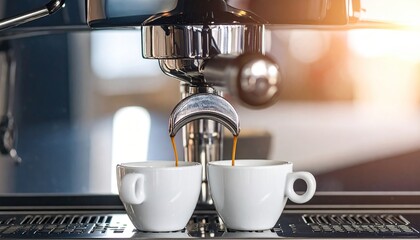 Espresso machine brewing fresh coffee into two white ceramic cups, showcasing the extraction process in a warm, inviting setting.