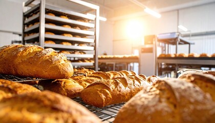 Freshly baked golden bread loaves cooling on racks in a bustling commercial bakery with warm sunlight.