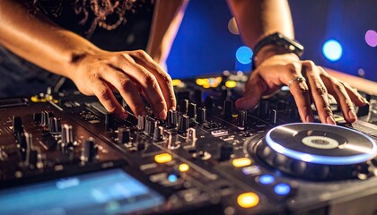 Close-up of DJ hands mixing music on professional audio mixer console with vibrant lights at a nightclub event.