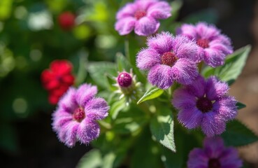 Close up fuzzy purple flowers bloom in a sunny garden. Green leaves surround small buds and petals. Ageratum blossoms are vibrant against a blurred background, showing natural detail.