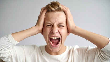 Young Man Screaming in Frustration, Holding Head in Despair and Stress