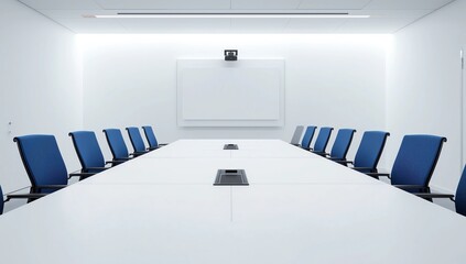 LED TV installed to the white wall of the meeting room with black ip phone on the table