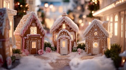 Fototapeta premium Gingerbread houses with festive decorations in a wintery scene holiday concept