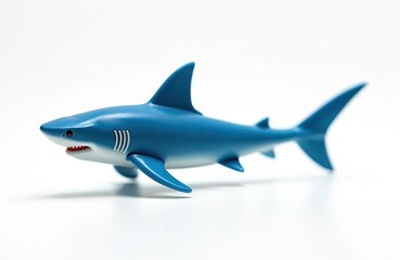 Obraz premium Blue toy isolated on white background. Fierce plastic predator with sharp teeth and fins. Small cartoon sea creature, often used for kids play.