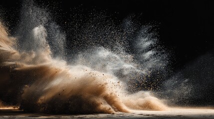 a dynamic photograph capturing the motion of what appears to be a cloud of sand being kicked up, with particles in various stages of flight around the central point of impact
