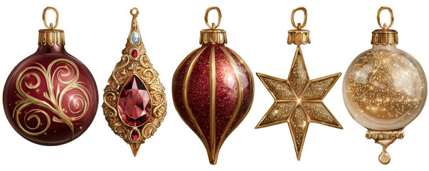 Five vintage-style red and gold christmas ornaments creating a festive, luxurious holiday decoration collection on a light background