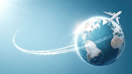 an artistic depiction of air travel and global connectivity. it features a large globe at its center, with flight paths curving around it, symbolizing long distance flights traversing the earth