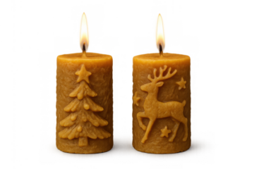 Christmas themed wax candles burning, featuring festive tree and reindeer designs, creating cozy holiday atmosphere