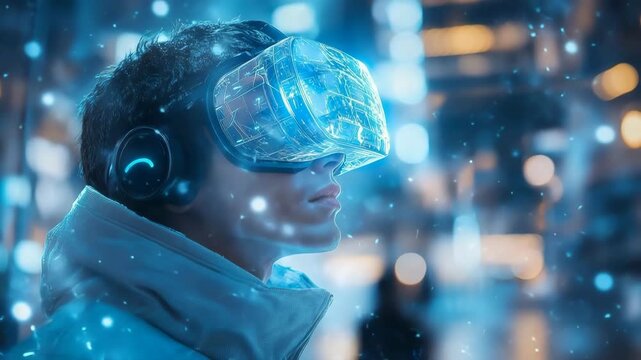 Futuristic technology immersive virtual reality headset glowing blue in a snowy urban nightscape with bokeh lights