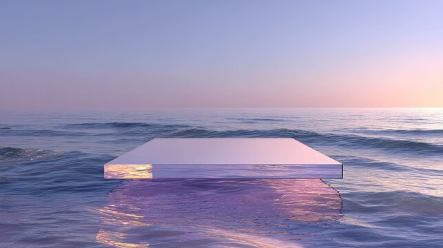 a large, rectangular object floating in the ocean. this unusual feature dominates the scene, suggesting an altered or fantastical environment