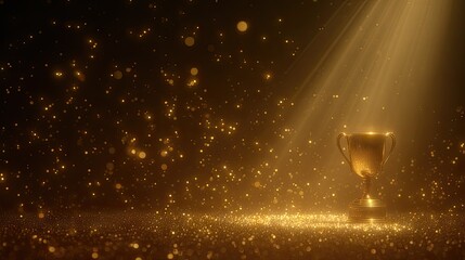 Golden trophy illuminated by beam of light on dark background for award ceremony